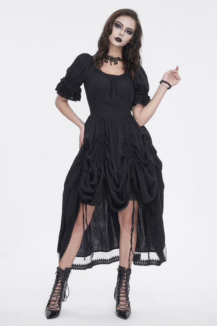 Black Short Sleeves Ruffle Drawstring Women's Gothic Dress