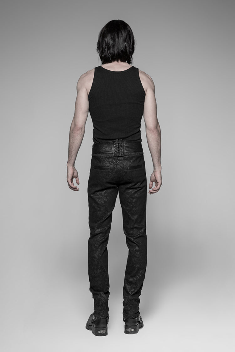 Black Waist Head Stereoscopic Pattern Leather Metal Buckle Lace-Up Men's Gothic Trousers