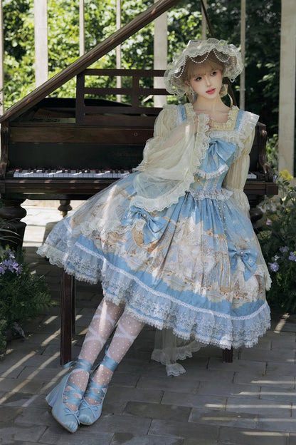 Blue [Unicorn] Print Sleeveless Multi-Layered Embroidery Bowknot Lace Sweet Lolita Jsk Dress
