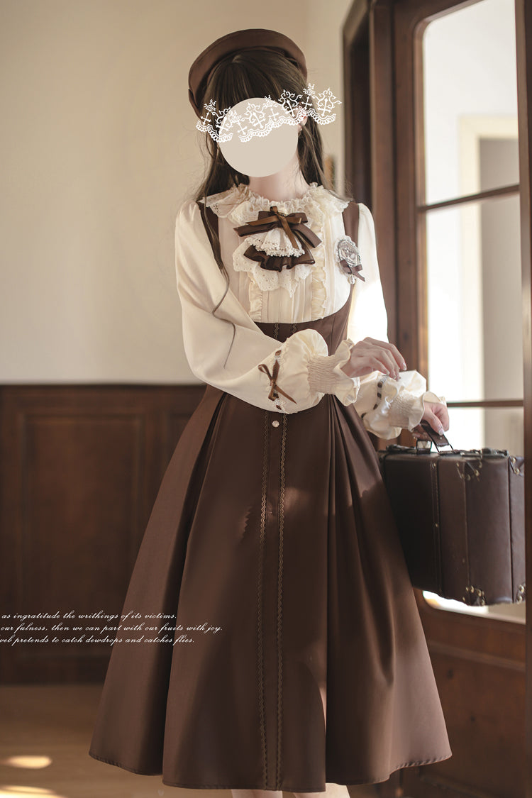Brown/White [Sunset Academy] Long Sleeves Ruffle Bowknot Fake Two Pieces Vintage College Style Elegant Lolita Dress