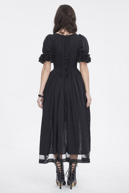 Black Short Sleeves Ruffle Drawstring Women's Gothic Dress