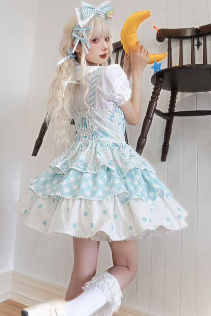 Blue [Hatsune Miku] Sleeveless Triple-Layered Print Bowknot Sweet Lolita Jsk Dress