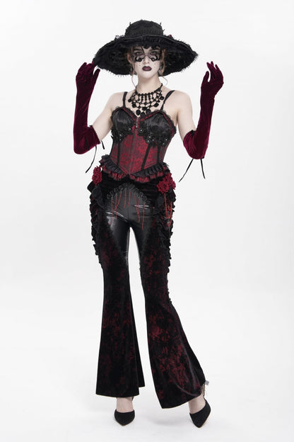 Black/Red  Ruffled Spliced Women's Gothic Floral Faux Leather&Velvet Ruffle Pants