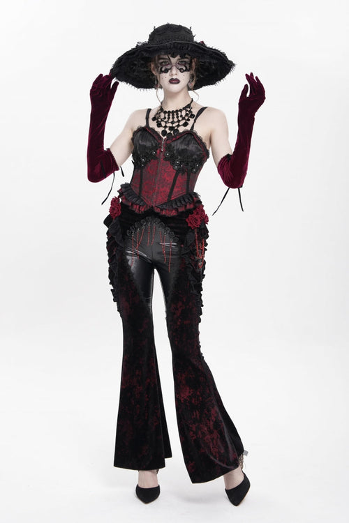 Black/Red  Ruffled Spliced Women's Gothic Floral Faux Leather&Velvet Ruffle Pants