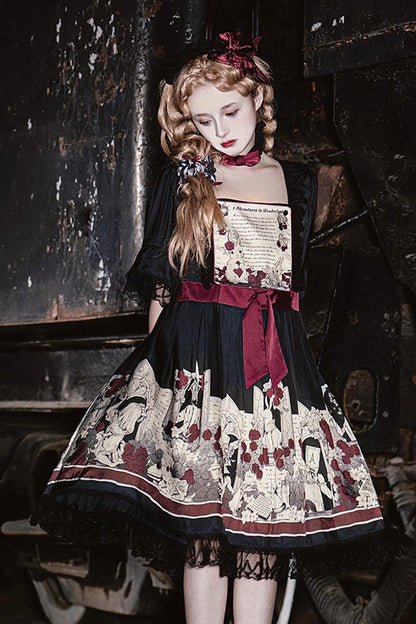 Black [Alice of the Asylum] Print Bowknot Lace Gothic Lolita Dress 2 Versions