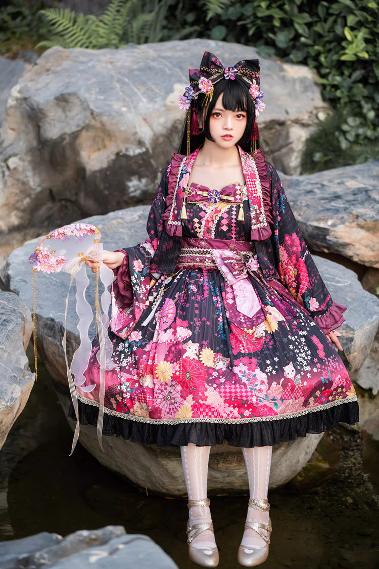 Black/Red [Cherry Blossom Cat Islet] Sleeveless Printed Ruffled Bow Sweet Lolita Jsk Dress Set