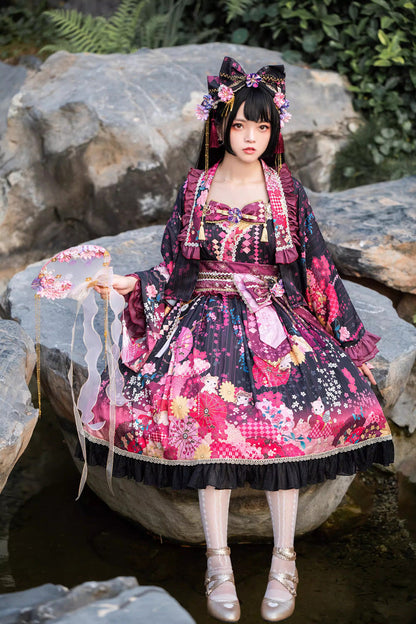 Black/Red [Cherry Blossom Cat Islet] Sleeveless Printed Ruffled Bow Sweet Lolita Jsk Dress Set