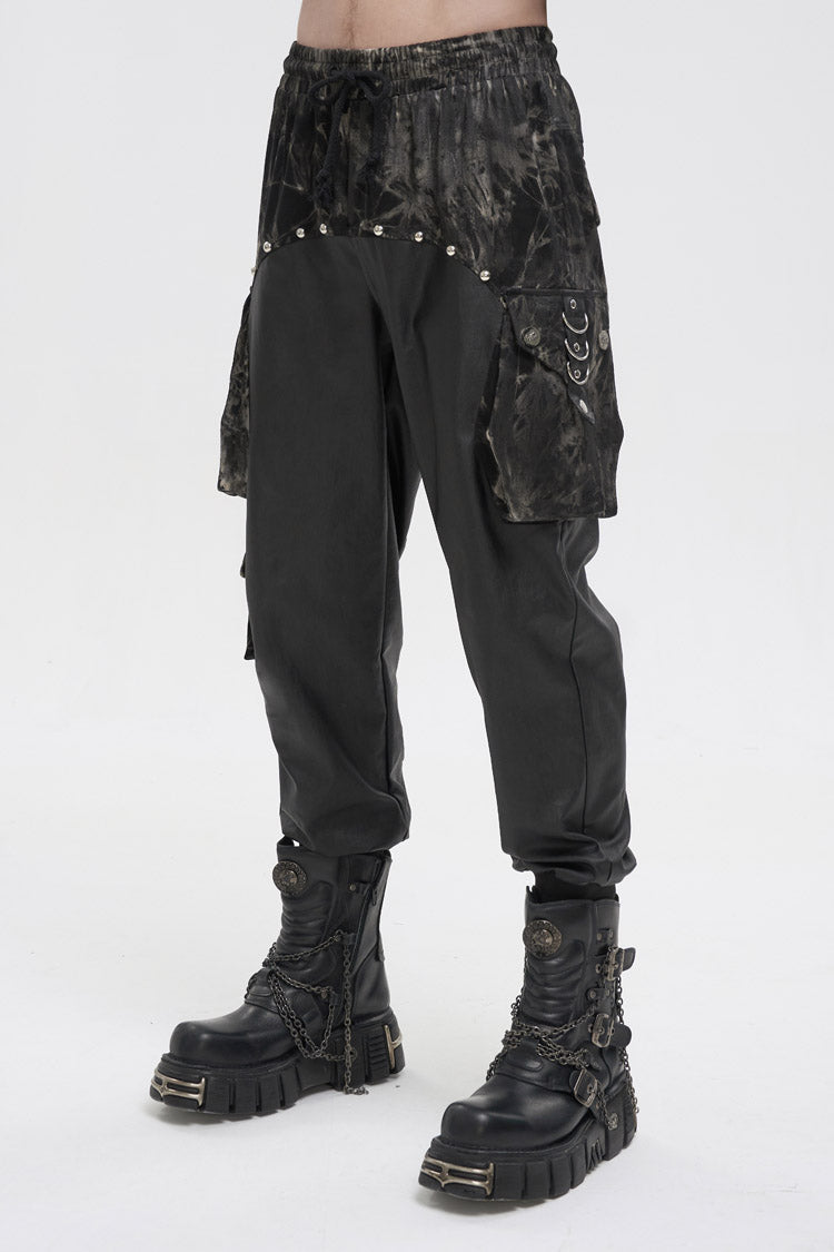 Black Tie Dyed Splice Hand Painted Waist Drawstring Men's Gothic Pants