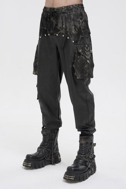 Black Tie Dyed Splice Hand Painted Waist Drawstring Men's Gothic Pants