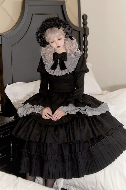 Black [Chapter of the Night] Long Hime Sleeves Ruffle Bowknot Gothic Lolita Dress
