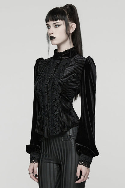 Black Stand Collar Long Puff Sleeves Floral Embroidered Lace-Up Women's Gothic Blouse