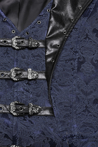 Black/Blue Lapel V-neck Sleeveless Jacquard Buckle Men's Gothic Vest