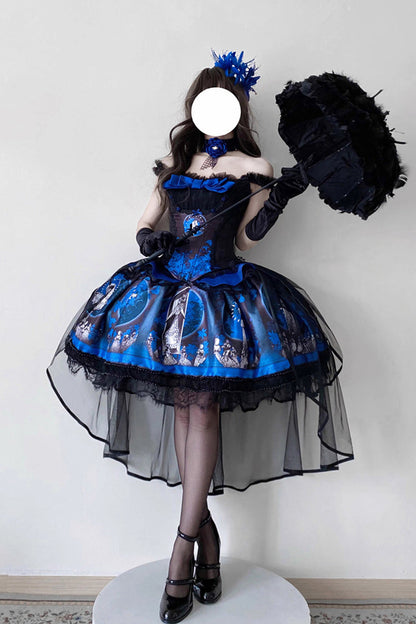 Blue [Dark Moon Corridor] Print Embroidery Gothic Lolita Dress Skirt