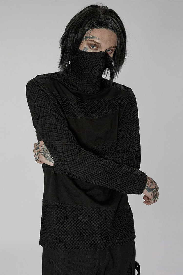 Black Punk Super High Collar Masked Hanging Ear Splicing Mesh Long Sleeves Men's T-Shirt