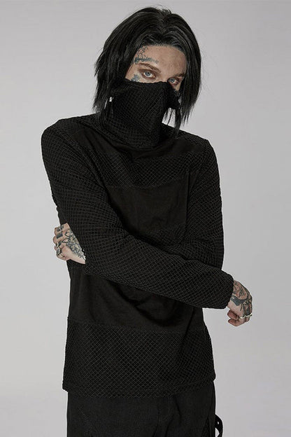 Black Punk Super High Collar Masked Hanging Ear Splicing Mesh Long Sleeves Men's T-Shirt