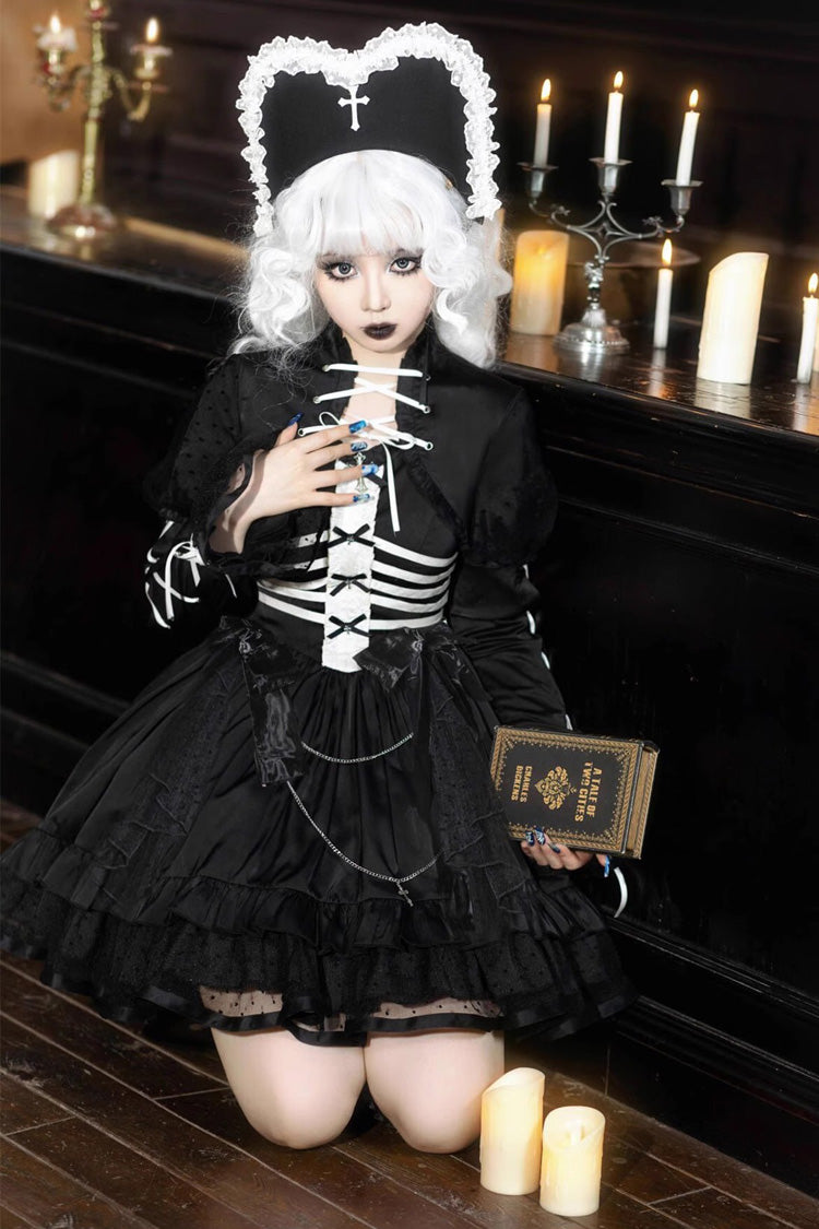 Black Prisoner Illusion Long Sleeves Multi-layer Ruffle Bowknot Gothic Princess Lolita Jsk Dress