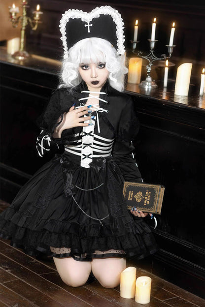 Black Prisoner Illusion Long Sleeves Multi-layer Ruffle Bowknot Gothic Princess Lolita Jsk Dress