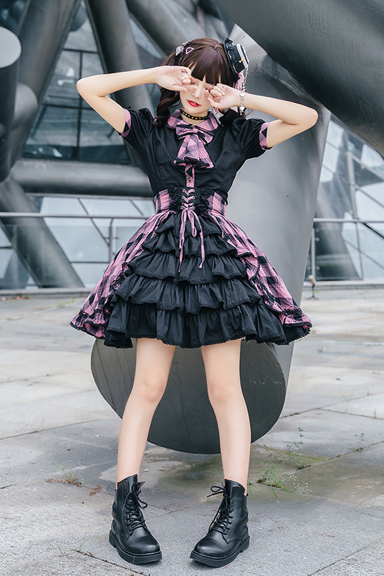Black/Purple Short Sleeves Multi-Layered Print Ruffle Cardigan Bowknot Asymmetric Sweet Lolita Skirt Set