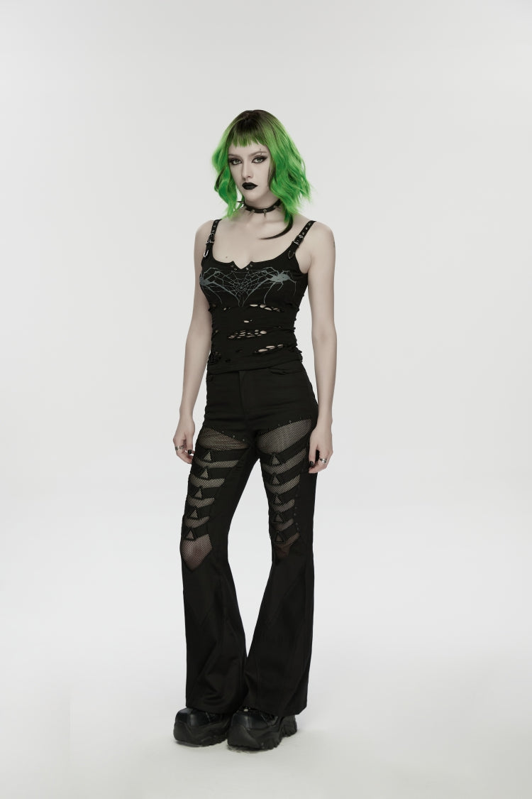 Black Spliced Slim Eyelet Women's Punk Pants