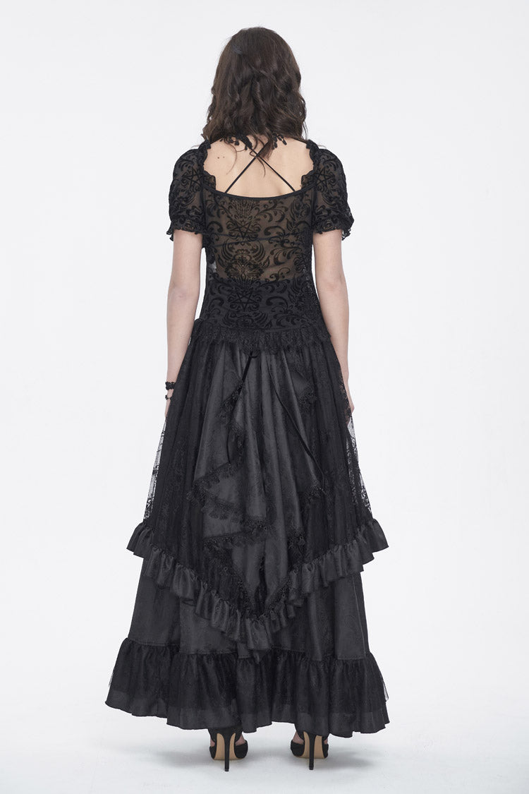 Black Short Sleeves Print Ruffle Lace Sheer Women's Gothic Blouse