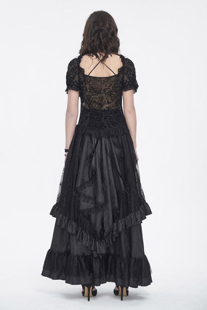 Black Short Sleeves Print Ruffle Lace Sheer Women's Gothic Blouse