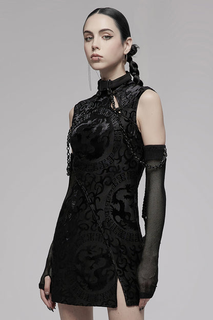 Black Sleeveless Dragon Totem Pattern Print Women's Gothic Dress
