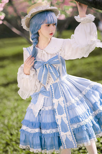 Blue Multi-layer Ruffle Bowknot The Covenant of Summer Isle Sweet Princess Lolita Jsk Dress