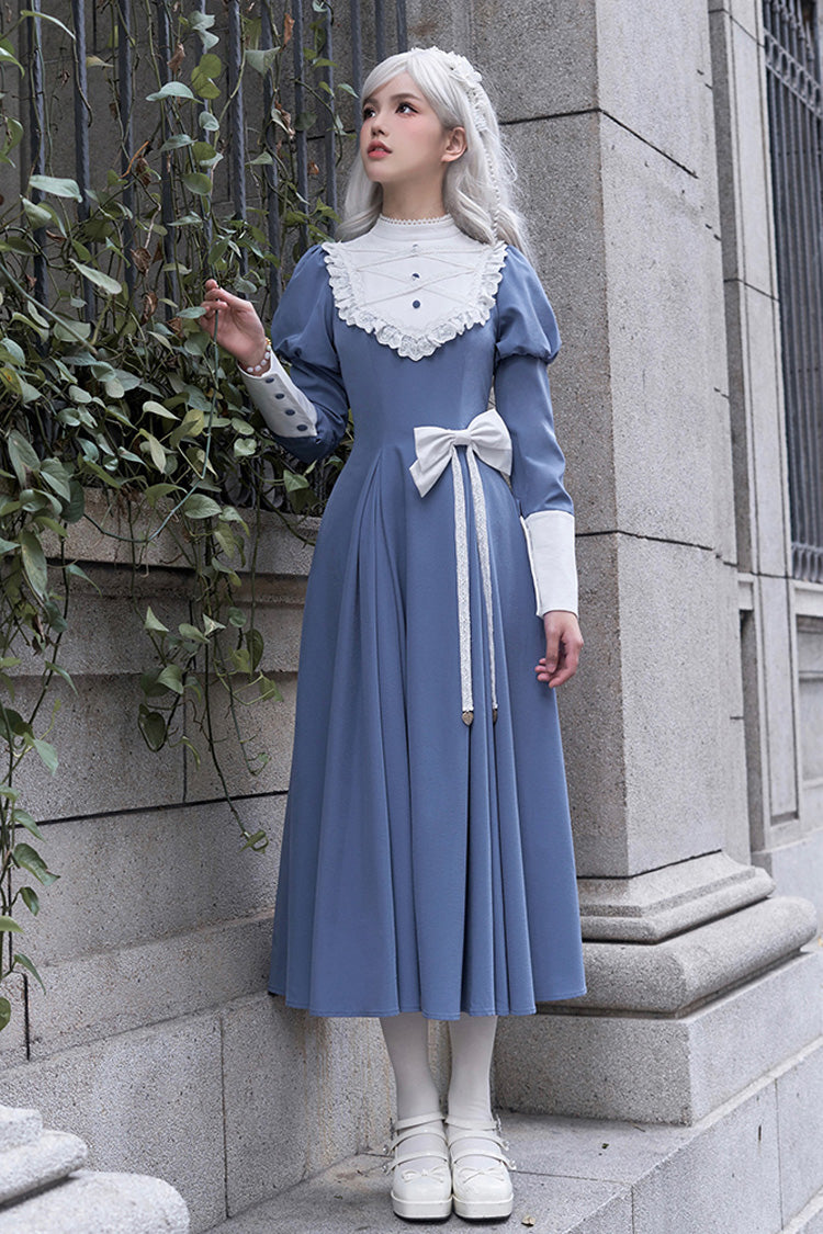 Blue Nun Style Stand Collar Long Sleeves Ruffle Bowknot Classic Elegant Lolita Dress