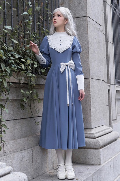 Blue Nun Style Stand Collar Long Sleeves Ruffle Bowknot Classic Elegant Lolita Dress