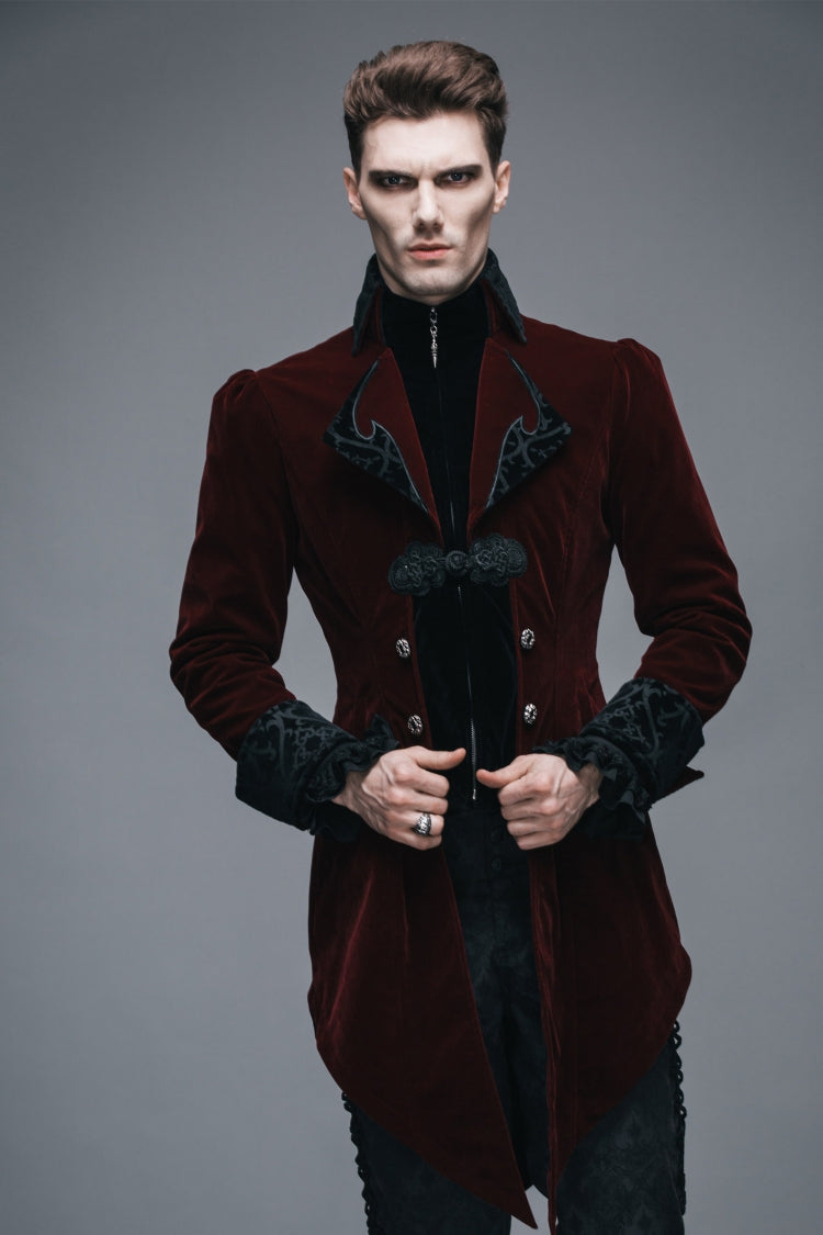 Wine Formal Party Turn Down Collar Long Sleeves Mens Gothic Swallowtail Coat