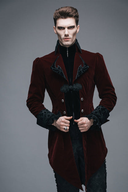 Wine Formal Party Turn Down Collar Long Sleeves Mens Gothic Swallowtail Coat