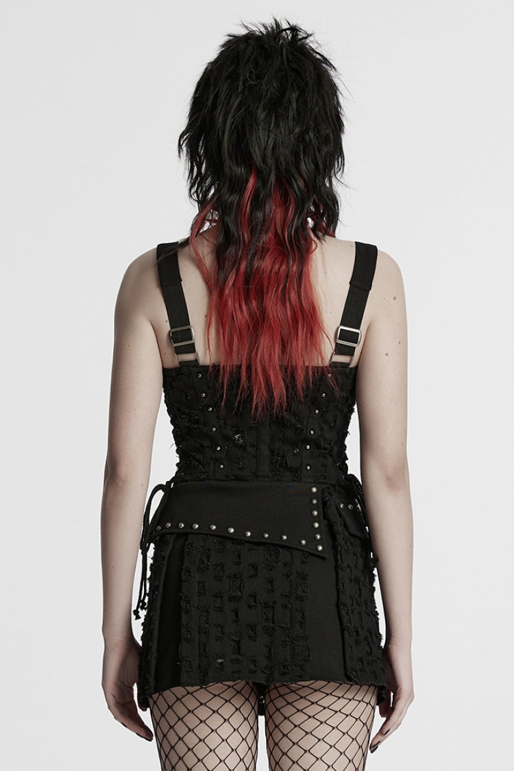 Black Sleeveless Lace-Up Rivet Women's Punk Vest