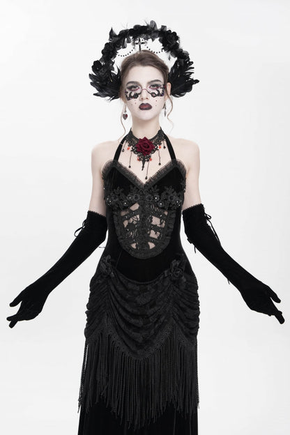Black Sleeveless Hollow Floral Embroidery Lace-Up Pleated Women's Gothic Maxi Dress