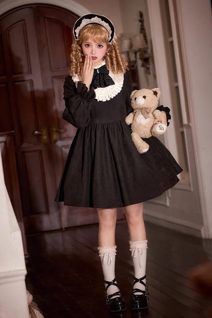 Black [Twilight Choir] Long Sleeves Bowknot Lace Sweet Vintage Lolita Dress 2 Versions