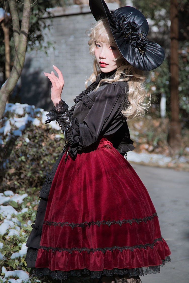 Black/Red Stitching Cardigan Ruffled Multi-Layer Gothic Lolita Skirt Dress