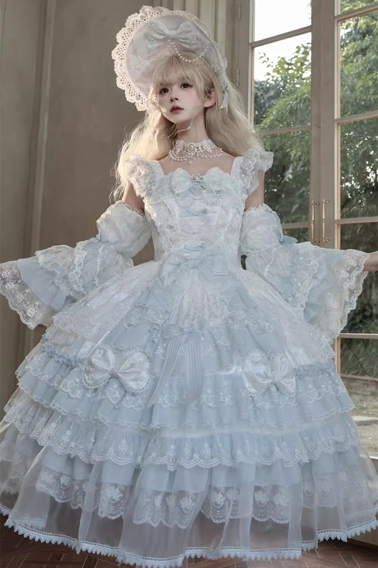 Blue [Prelude of Spring] Sleeveless Multi-Layered Ruffled Bow Lace Sweet Princess Lolita Jsk Dress