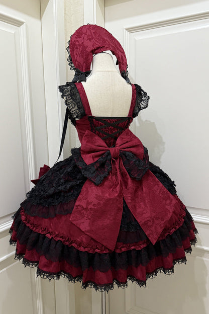 Black/Red [Rose Princess] Sleeveless Ruffle Bowknot Lace Lace-Up Gothic Ballet Lolita Jsk Dress