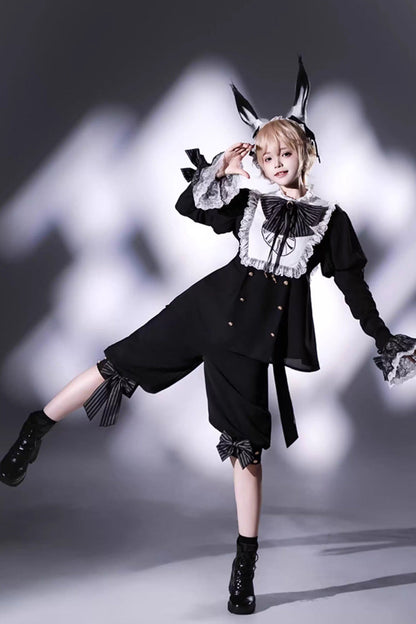 Black/White [Rabbit Hole] Long Sleeves Bow Gothic Prince Ouji Lolita Set