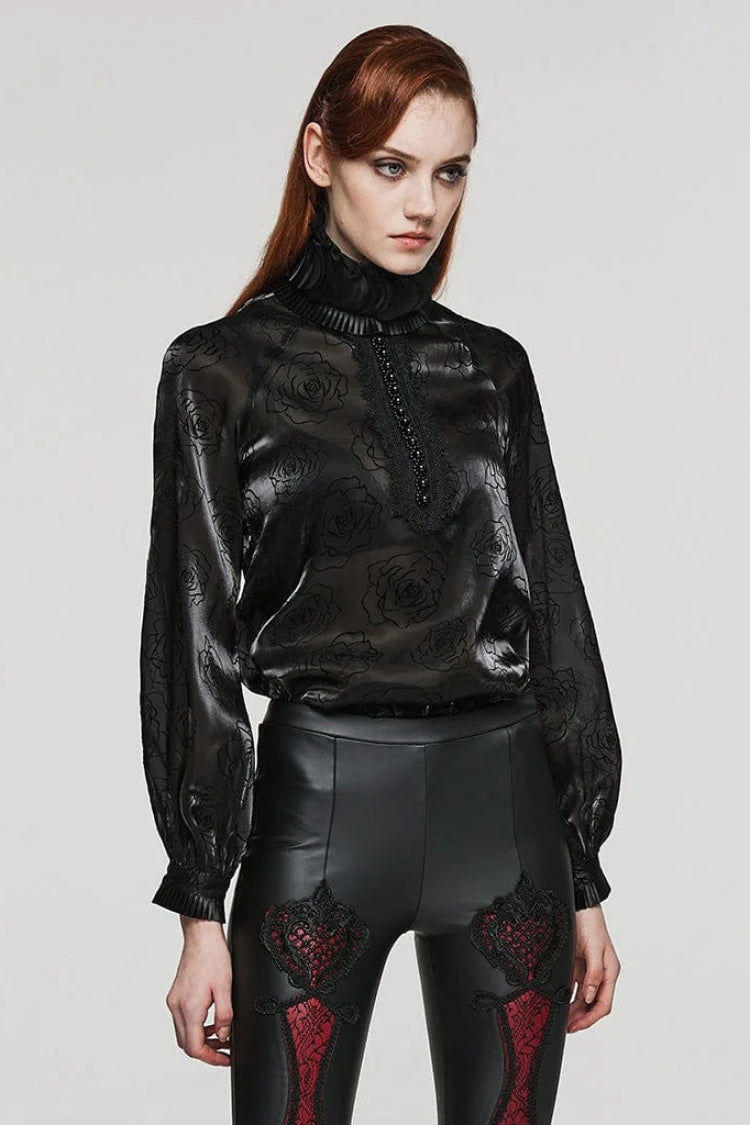 Black Stand Collar Long Lantern Sleeves Rose Print Hook-Button Womens Gothic Blouse