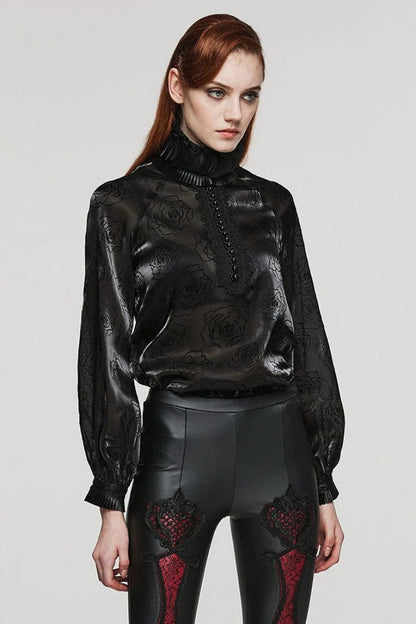 Black Stand Collar Long Lantern Sleeves Rose Print Hook-Button Womens Gothic Blouse