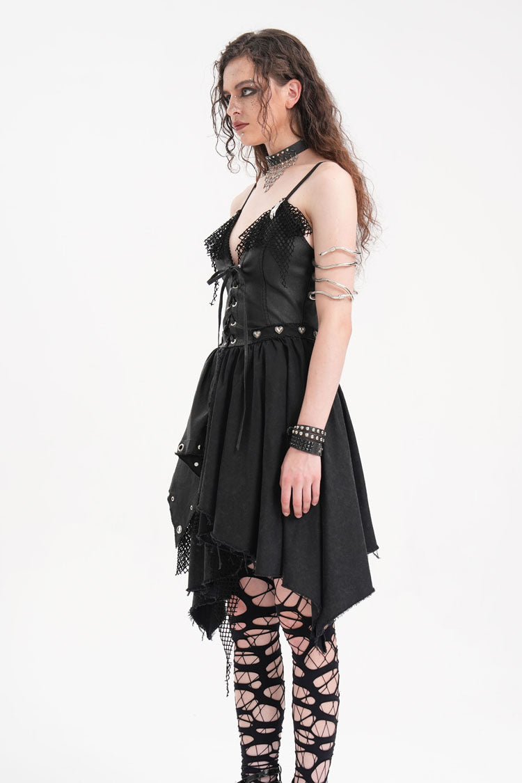 Black Sleeveless Lace Irregular Mesh Women's Gothic Slip Dress