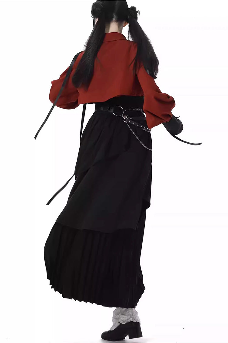Red/Black [Moonlight Flowing] Long/Short Sleeves Ruffled Asymmetric Gothic Jirai Kei Skirt Set