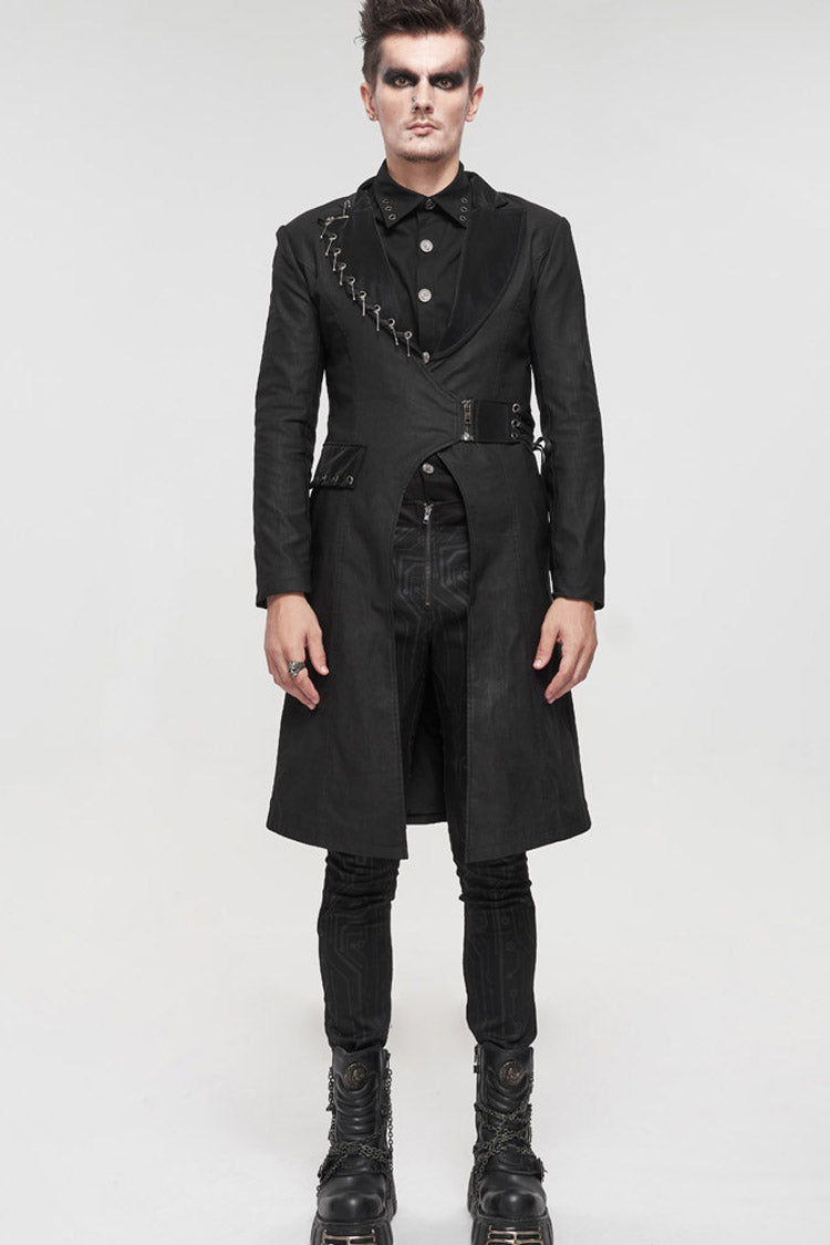 Black Punk Twill Imitation Leather Metal Pin Decoration Drawstring Design Long Men's Coat