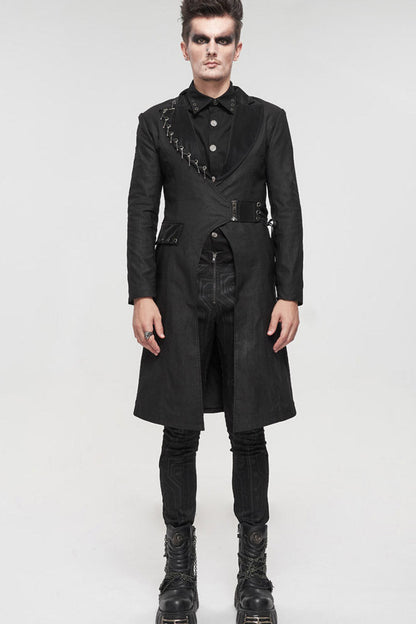 Black Punk Twill Imitation Leather Metal Pin Decoration Drawstring Design Long Men's Coat