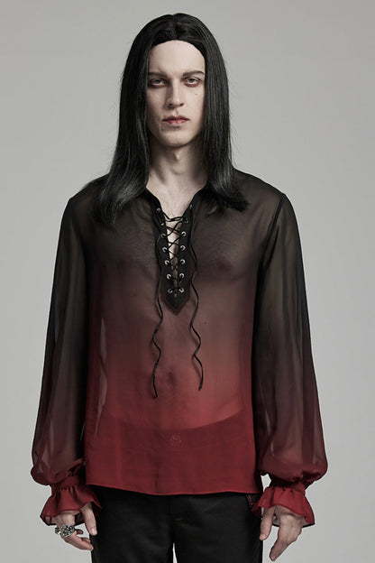 Black/Red Lapel Collar Gradient Sheer Men's Gothic Blouse