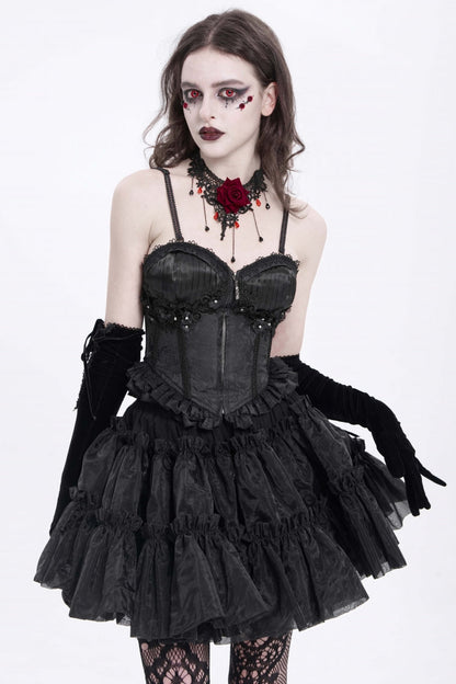 Black Sleeveless Ruffle Embroidery Lace-Up Women's Gothic Tank Top