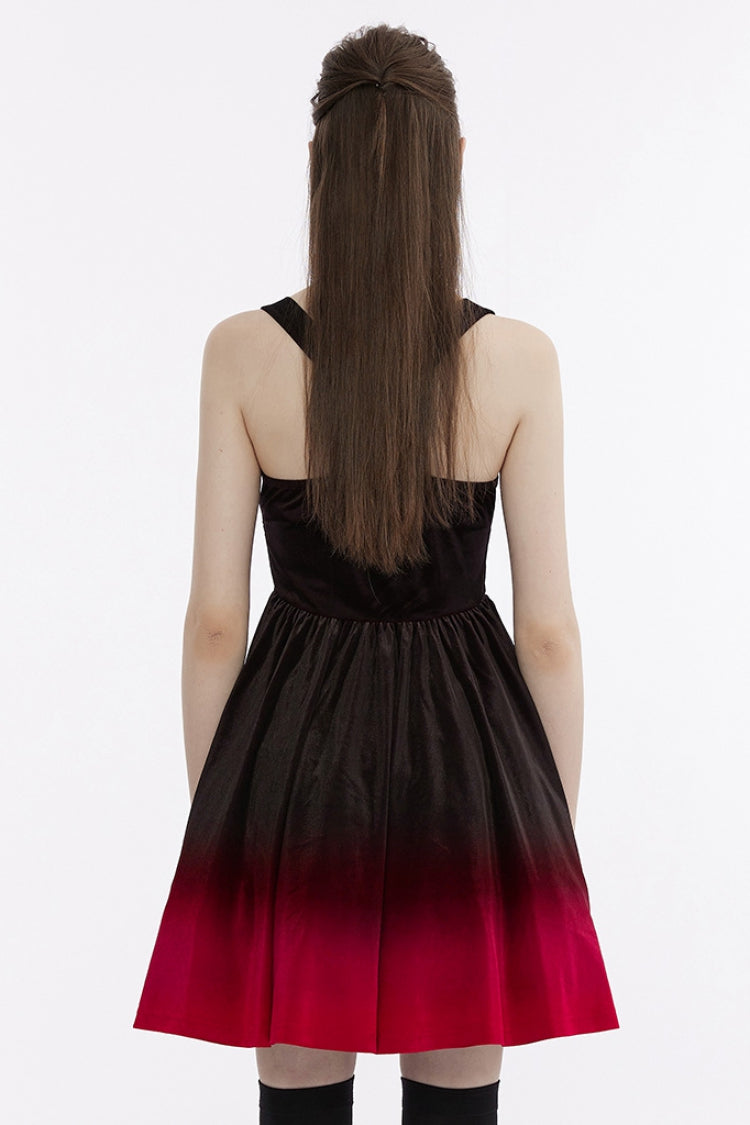 Black/Red Sleeveless Gradient Ruffle Embroidery Women's Gothic Dress