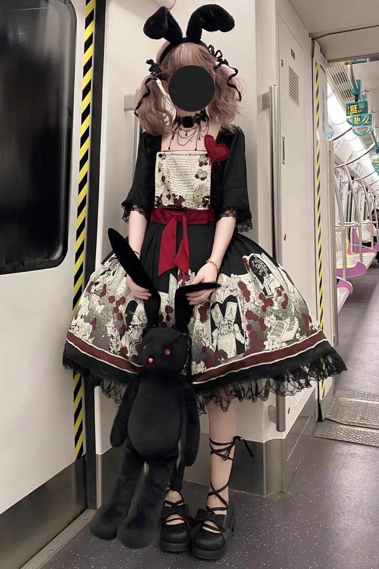 Black [Alice of the Asylum] Print Bowknot Lace Gothic Lolita Dress 2 Versions