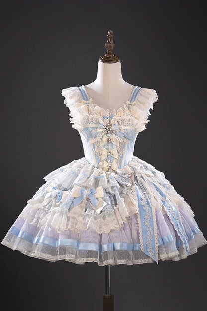 Blue [Moonstone] Sleeveless Ruffle Embroidery Bowknot Lace Fishbone Sweet Princess Lolita Dress