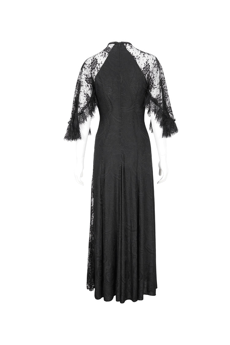 Black Stretch Printed Knit Panel Lace High Slit Asymmetric Women's Gothic Dress
